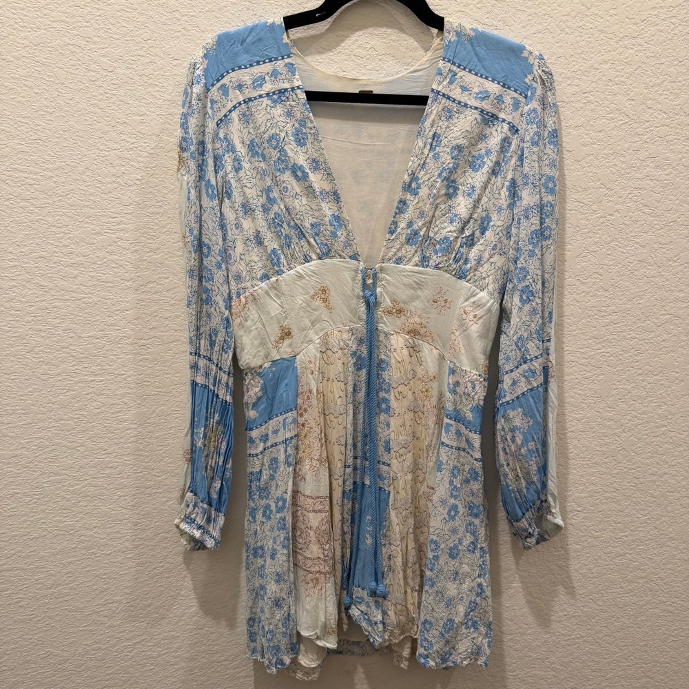 Free People Floral Patchwork V-Neck Mini Dress Blue White Tassel Tie Size M